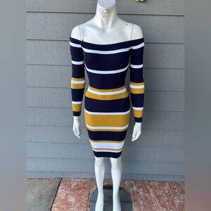 Hera Collection Navy, White & Mustard Striped Off-Shoulder Bodycon Dress